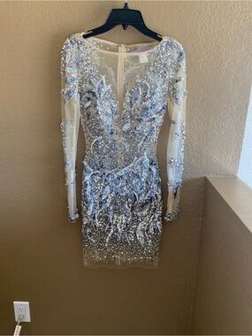 Jovani Nude Sheer Long-Sleeve Sequin Cocktail Dress